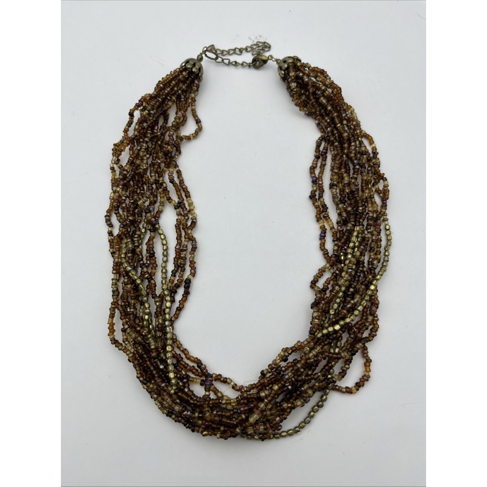 Boho Brown & Tan Multi Strand Glass Seed & Barrel Bead Statement Necklace 16"